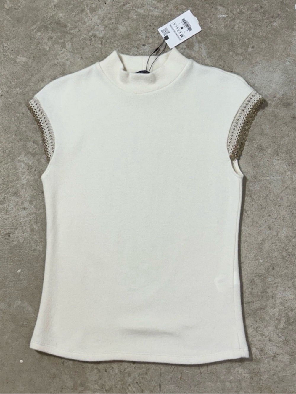 ZARA Mock Neck Cap Sleeve Sweater Top White Gold Trim Women’s Medium Modal NWT